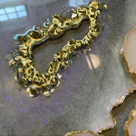 HANDMADE RESIN GEODE AGATE TRAY & COASTER SET HOLOGRAPHIC PINK AND GOLD - Picture 8 of 12